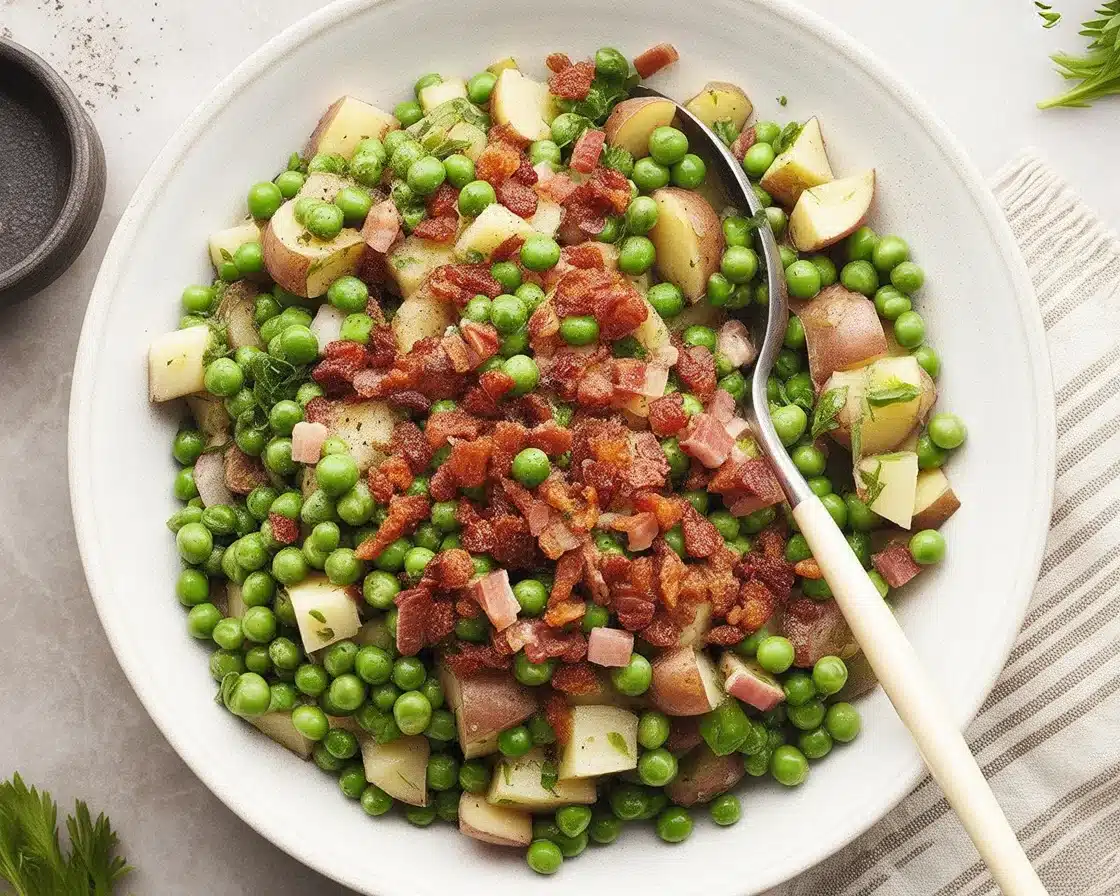 Thanksgiving Peas with Pear and Pancetta side dish garnished with shallots.