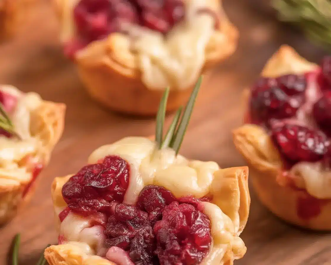 Baked Cranberry Brie Bites with puff pastry, cranberry sauce, and creamy brie cheese.