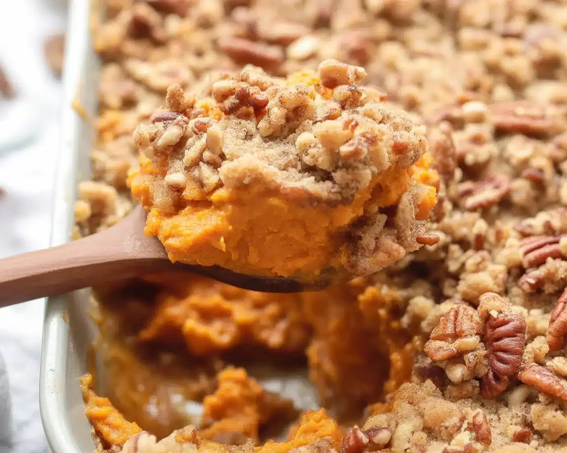 Delicious BEST sweet potato casserole topped with marshmallows and pecans