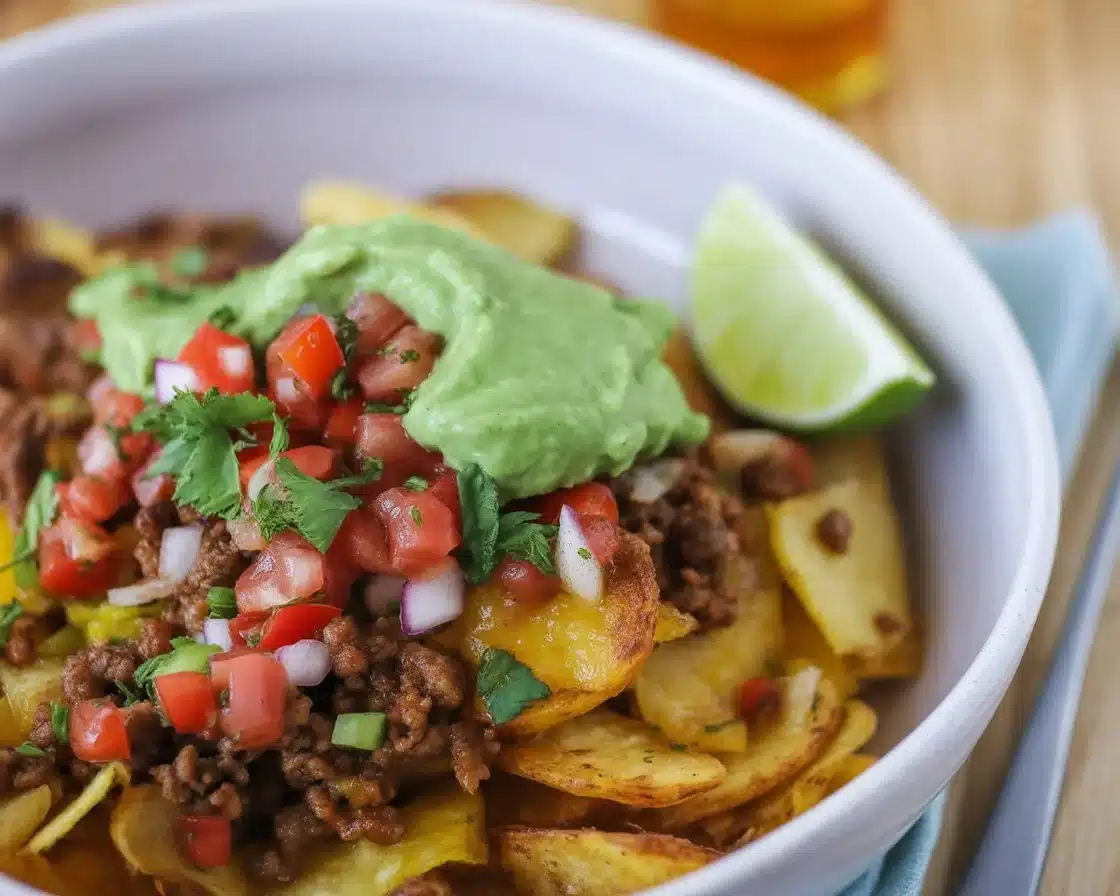 Loaded Potato Taco Bowl with crispy potatoes, seasoned beef, guacamole, and toppings.