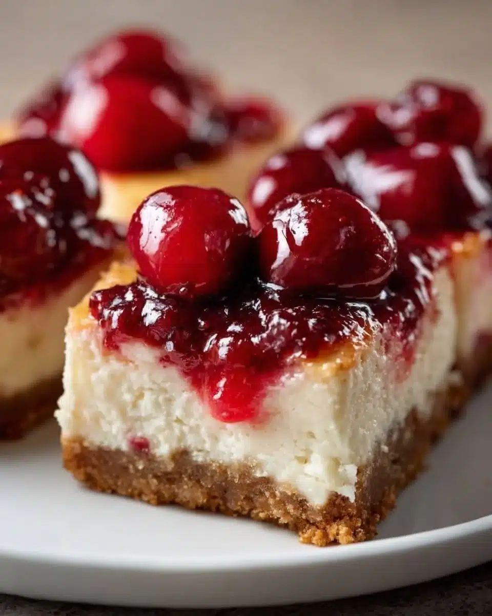Delicious easy cherry cheesecake bars with a rich creamy filling and cherry topping.