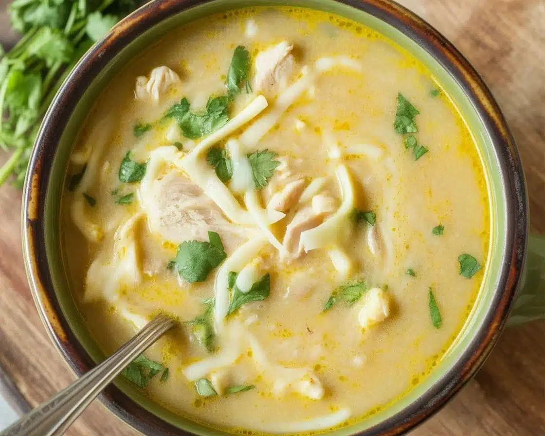 Delicious Crock Pot Green Enchilada Chicken Soup with shredded chicken and green sauce