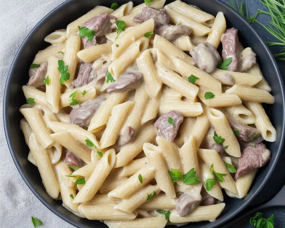 Delicious Garlic Butter Steak and Broccoli Penne pasta dish, creamy and comforting.