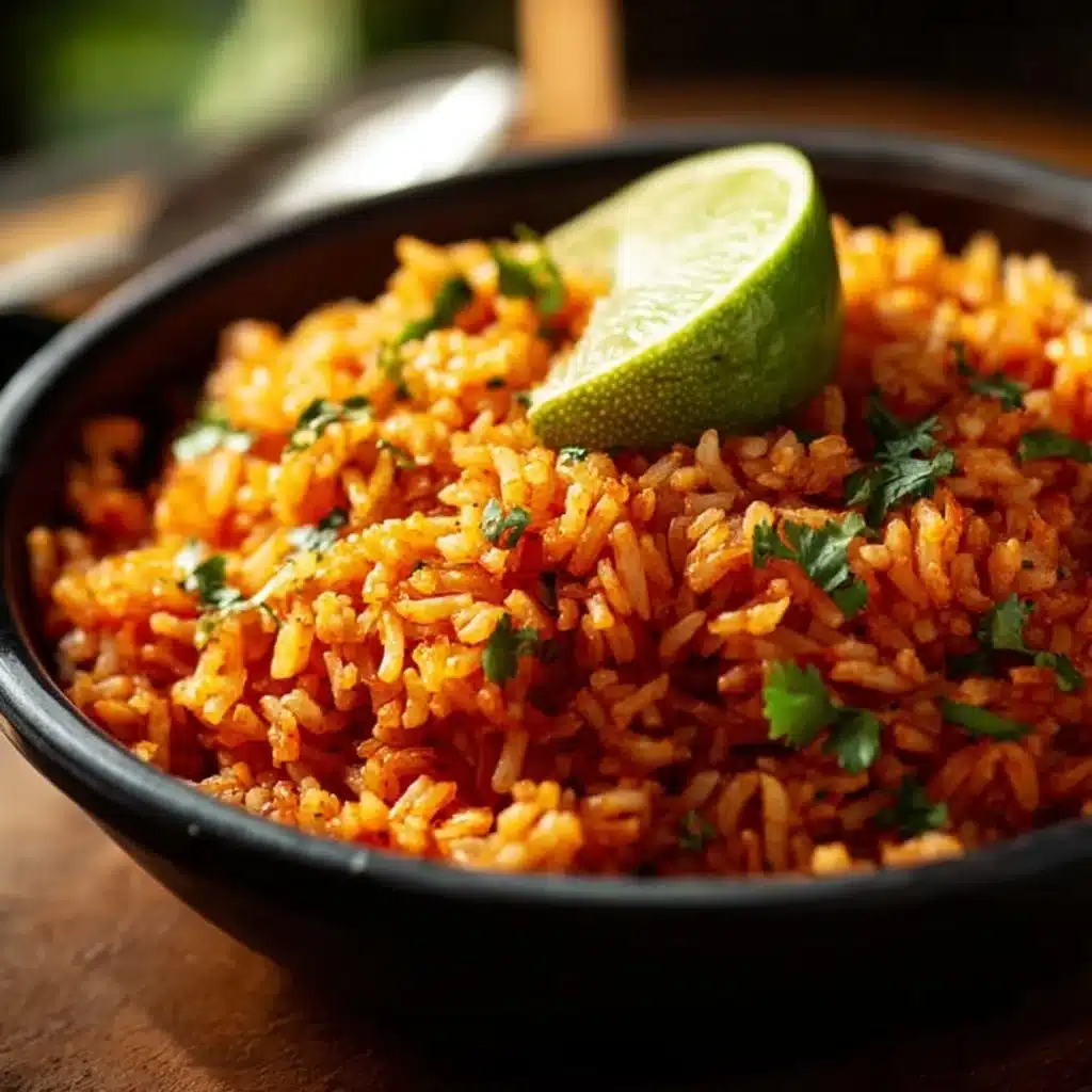 Bowl of Easy Mexican Rice garnished with cilantro and lime.