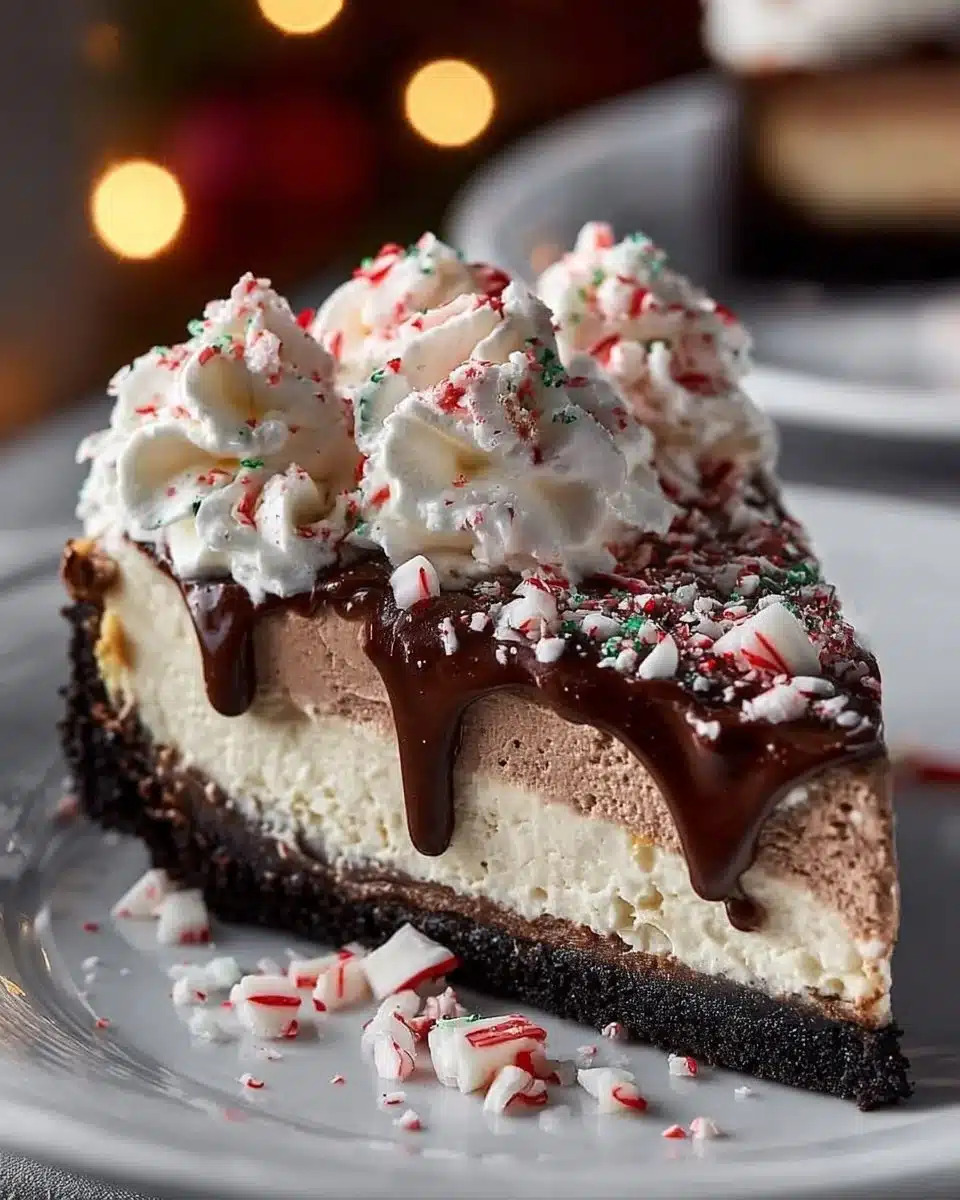 Slice of easy peppermint bark cheesecake topped with crushed candy canes