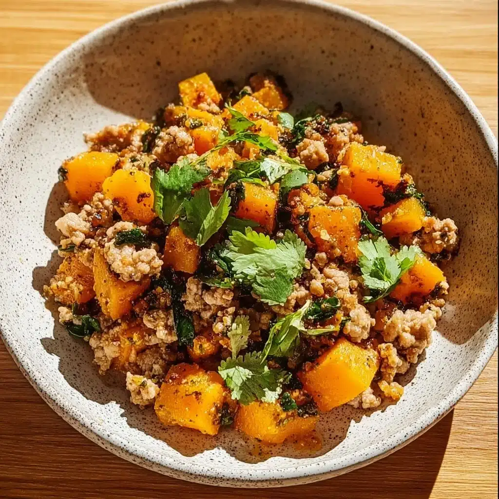 Easy roasted butternut squash dish with ground turkey on a plate.
