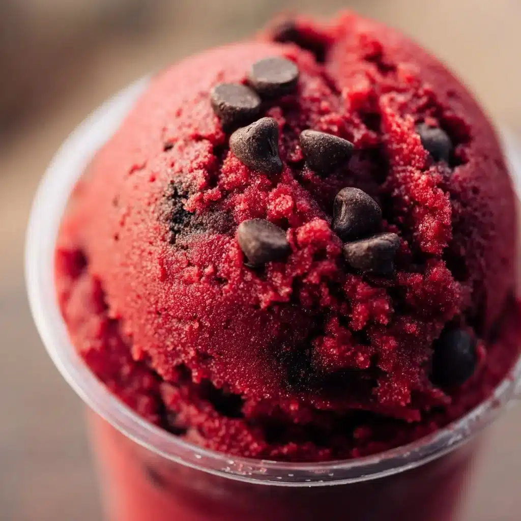 Bowl of edible red velvet cookie dough with chocolate chips