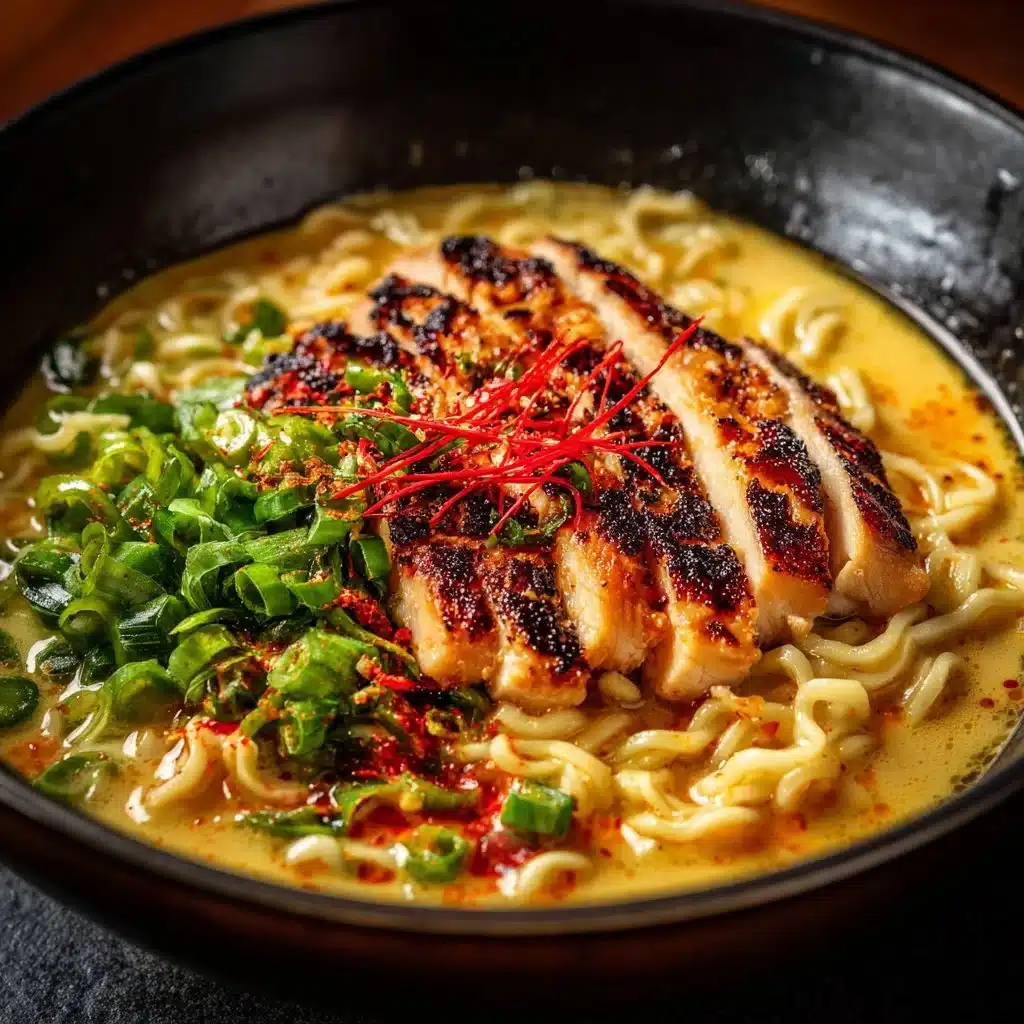 Bowl of spicy Fire Chicken Ramen with vibrant ingredients and broth