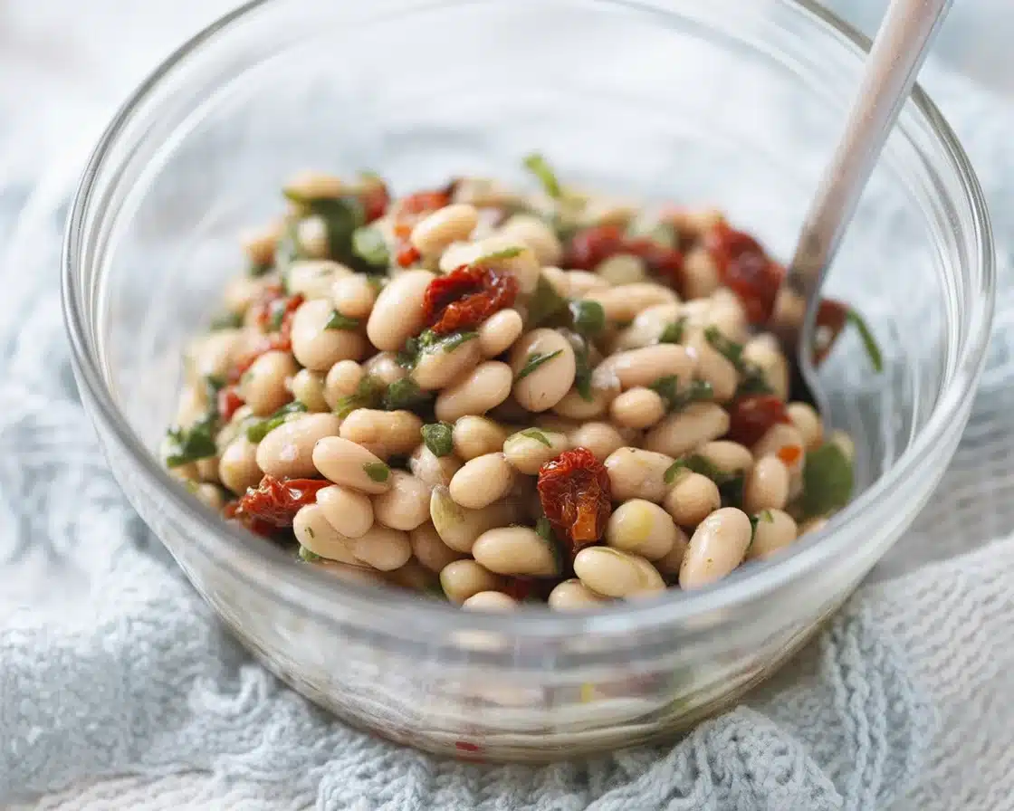 Delicious marinated white beans drizzled with olive oil and garnished with herbs.