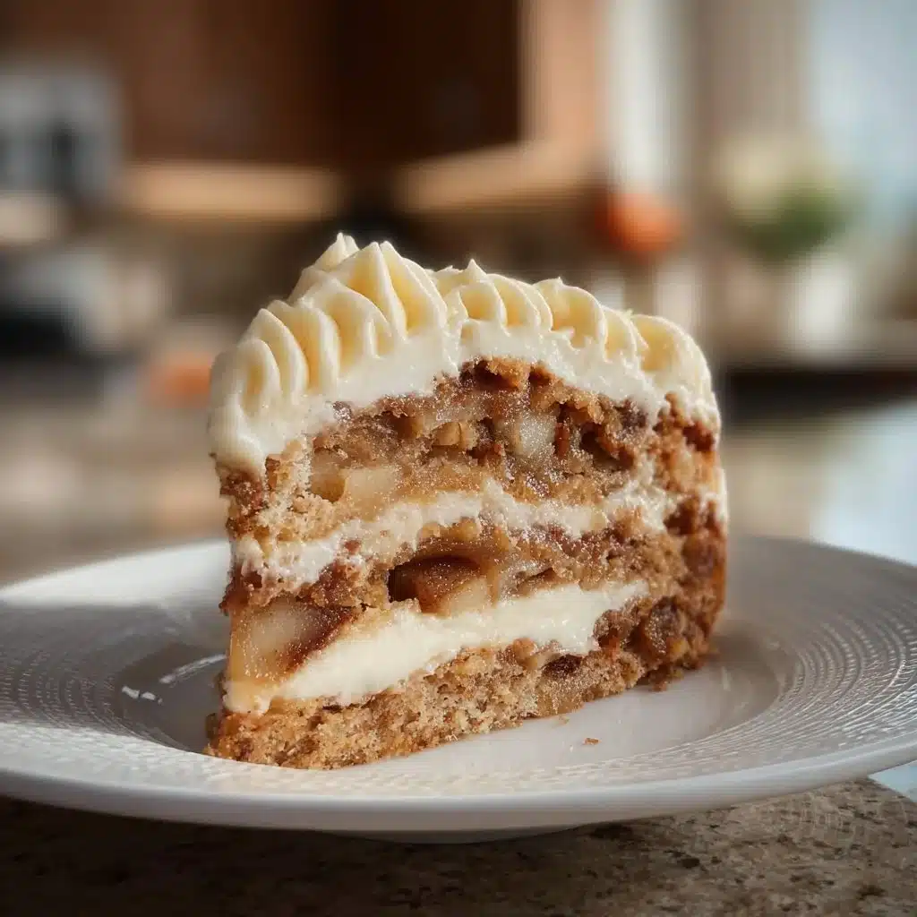 Fresh apple cake with cream cheese frosting sliced on a plate
