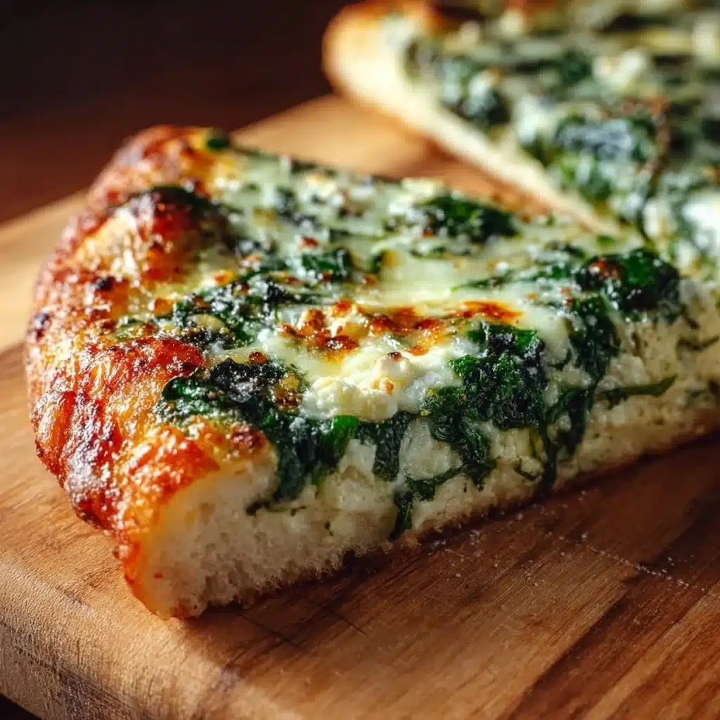 Garlic and Spinach White Pizza on a Cottage Cheese Crust ready to serve