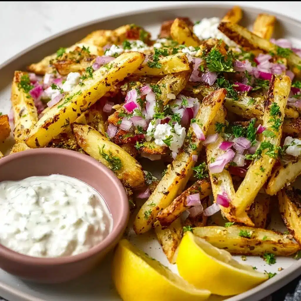Delicious Greek fries seasoned with herbs and served with tzatziki sauce