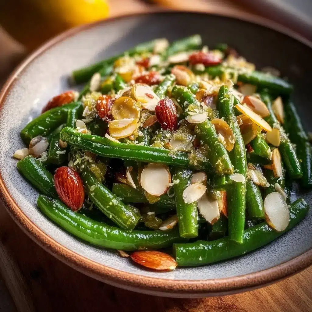 Delicious Green Bean Almondine with almonds and fresh green beans plated elegantly