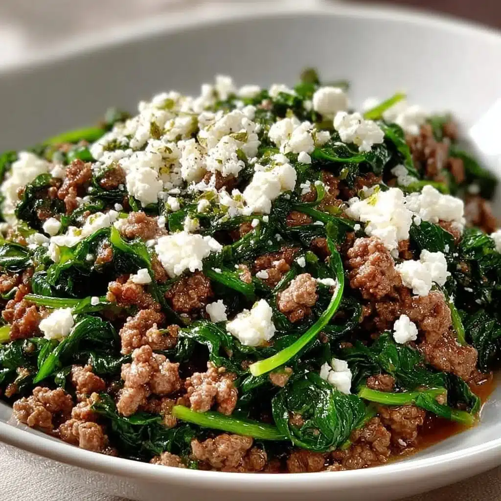 Ground beef and spinach skillet with feta served in a skillet