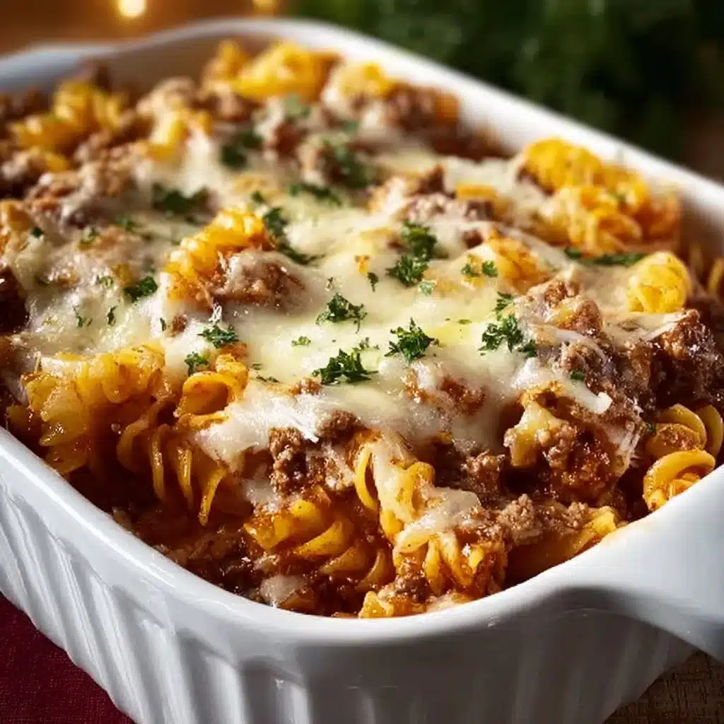 Delicious hearty Beef Lombardi served with pasta and cheese
