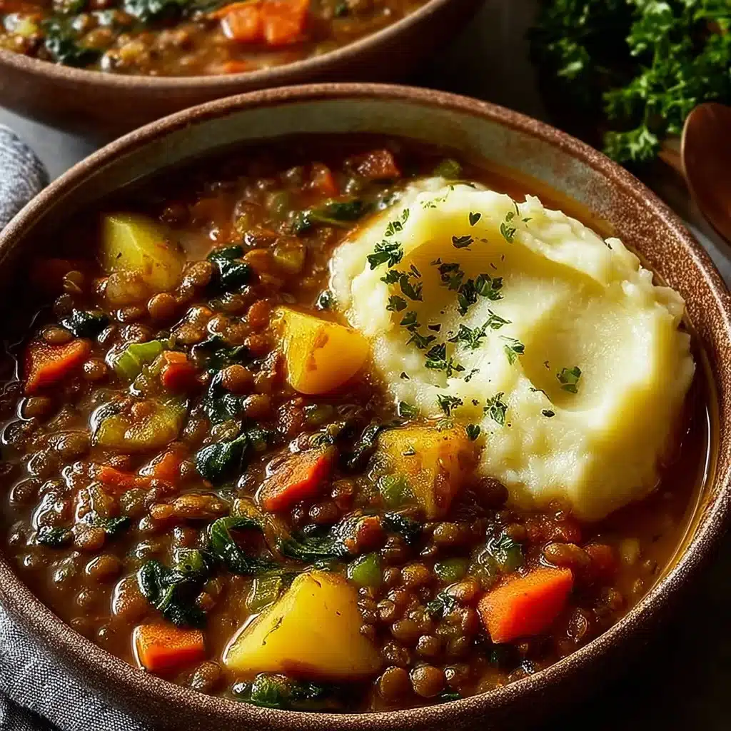 A delicious bowl of hearty lentil stew topped with creamy mashed potatoes.
