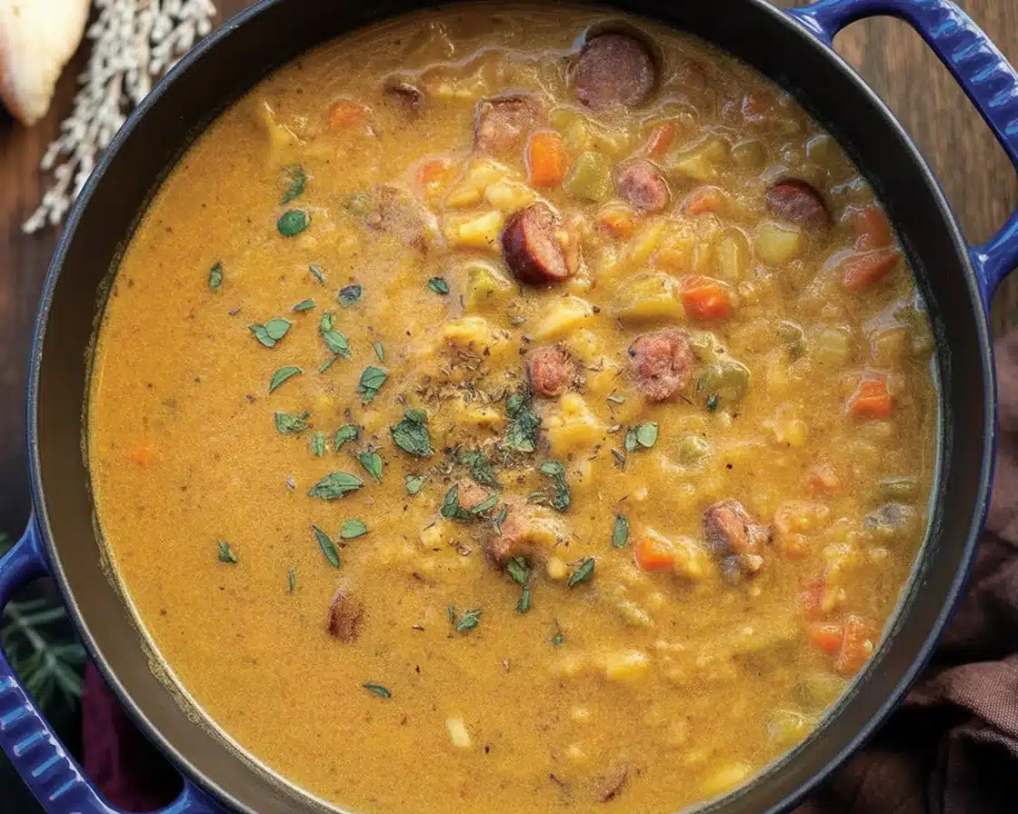 Bowl of rich One Pot Tuscan Sausage Gnocchi Soup with sun-dried tomatoes and spinach.