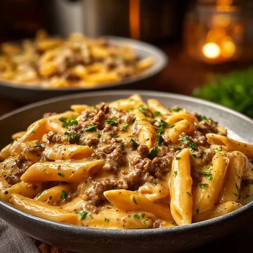 Creamy beef pasta dish with high protein, topped with herbs.