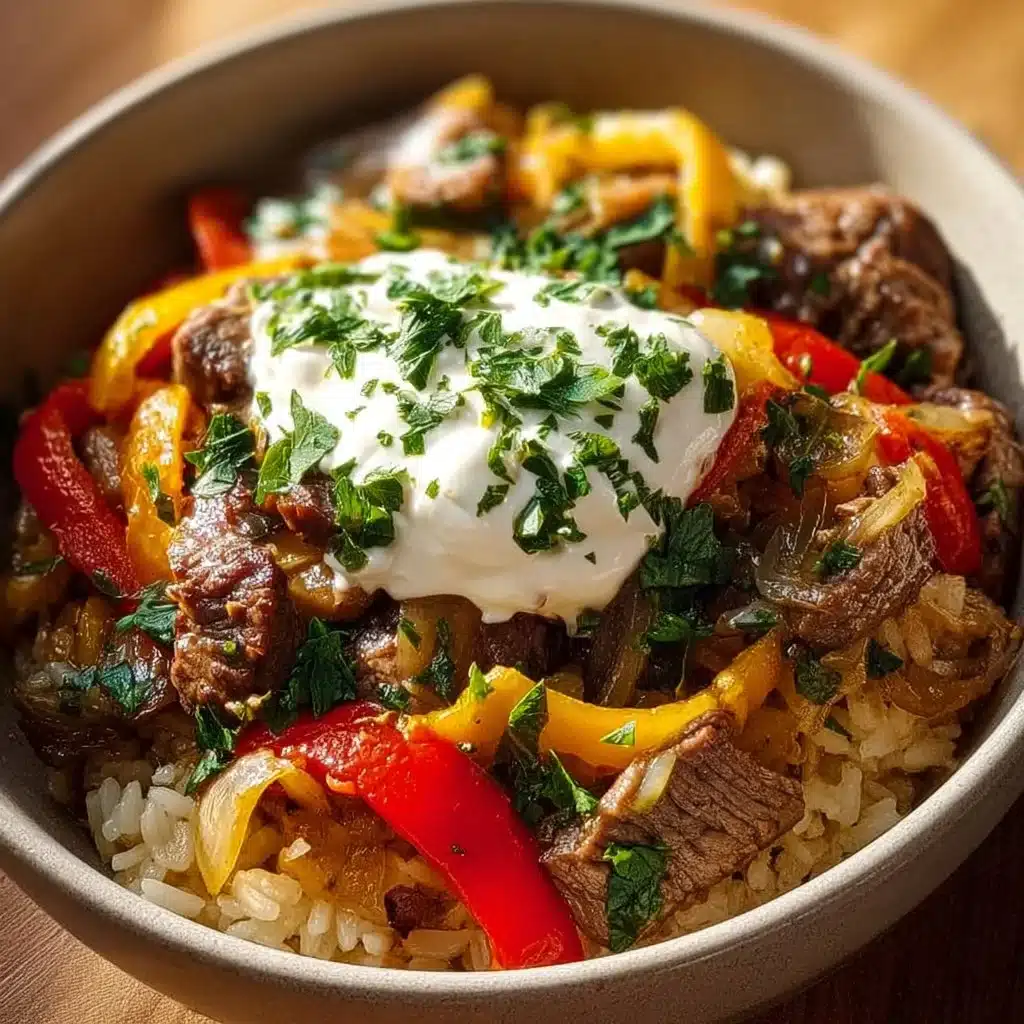 High Protein Philly Cheesesteak Rice Bowl topped with fresh ingredients and cheese