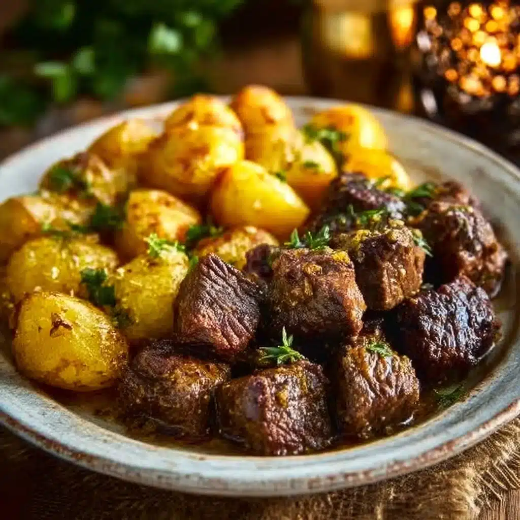 High protein slow cooker garlic butter beef bites in a dish.