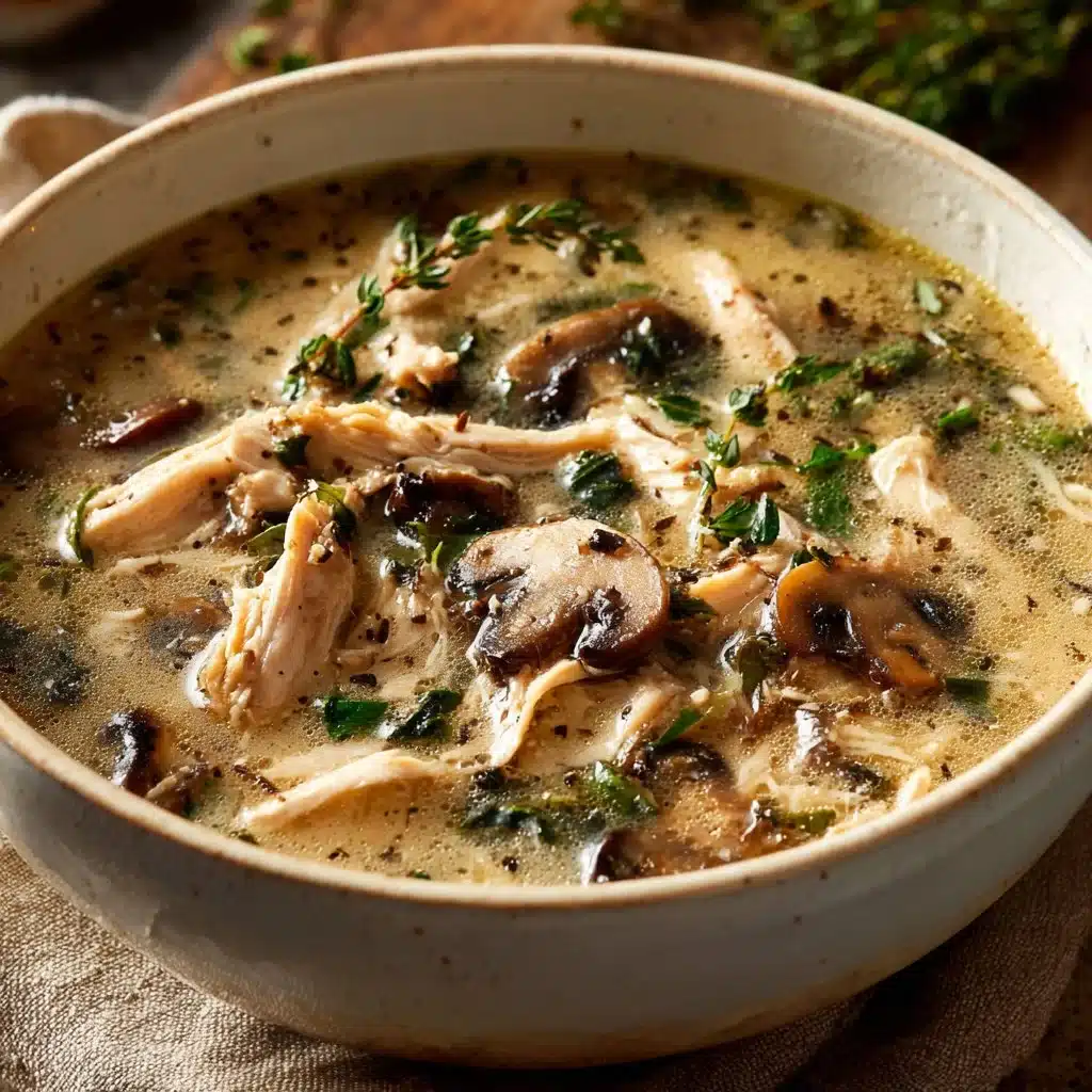 Bowl of homemade rotisserie chicken and mushroom soup garnished with herbs