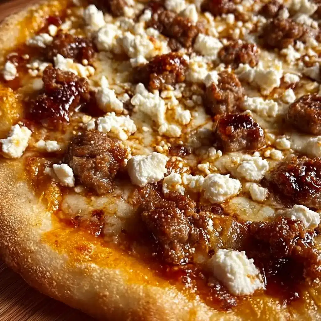 Hot sausage feta honey pizza topped with spicy sausage, feta cheese, and honey drizzle.