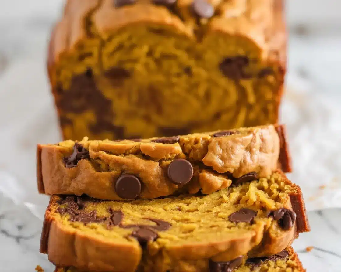 Delicious pumpkin bread with chocolate chips, perfect for fall baking.