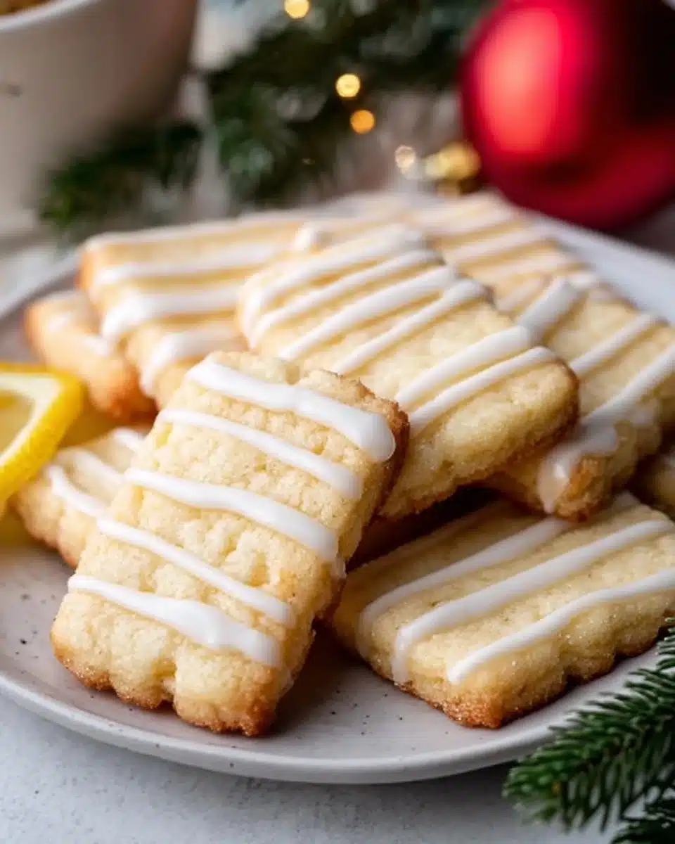 Delicious lemon glazed shortbread cookies on a plate.