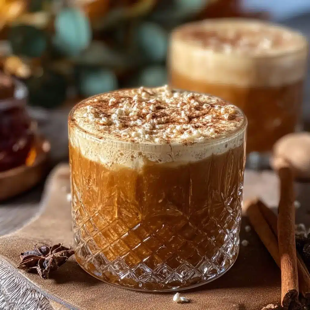 Glass of Maple Bourbon Milk Punch garnished with nutmeg and cinnamon sticks