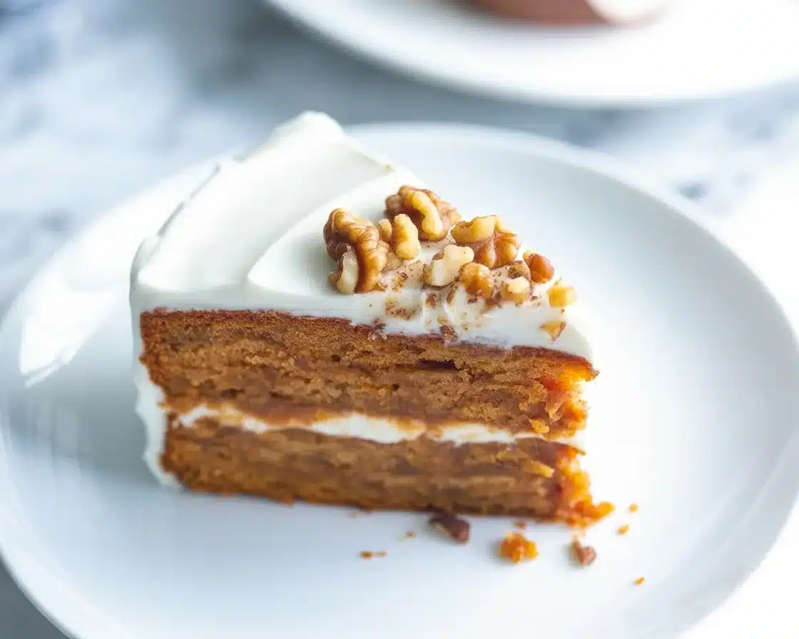 Moist and spiced carrot cake topped with rich cream cheese frosting.