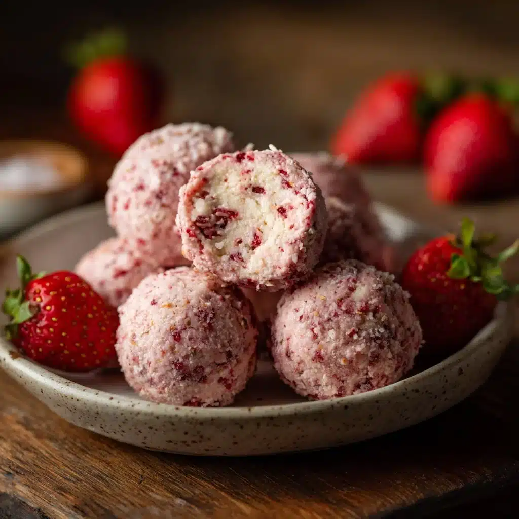 No-Bake Strawberry Cheesecake Protein Balls ready to enjoy as a healthy snack