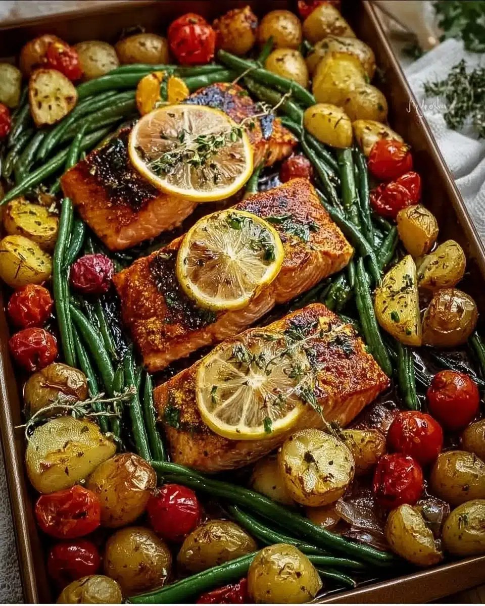 One-Pan Garlic Herb Salmon with vegetables, a healthy and delicious meal.