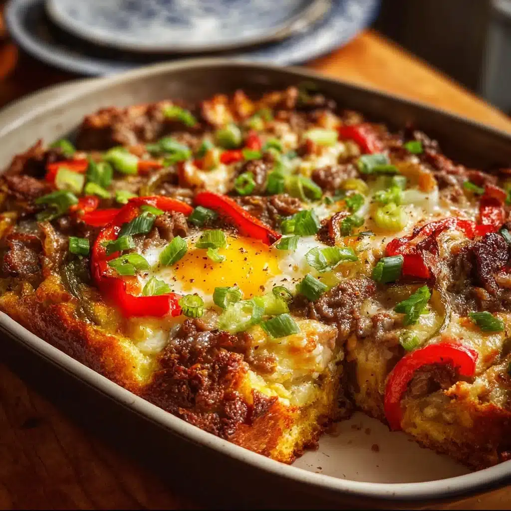 Philly Cheesesteak Breakfast Casserole served in a dish