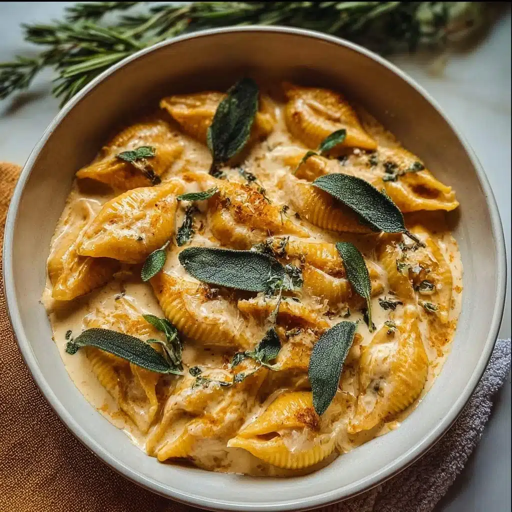 Pumpkin and gouda stuffed shells in brown butter sage Alfredo sauce on a plate