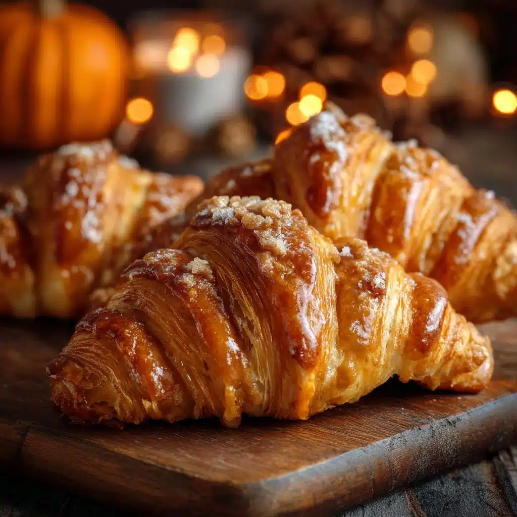 Flaky pumpkin spice croissants on a rustic wooden table