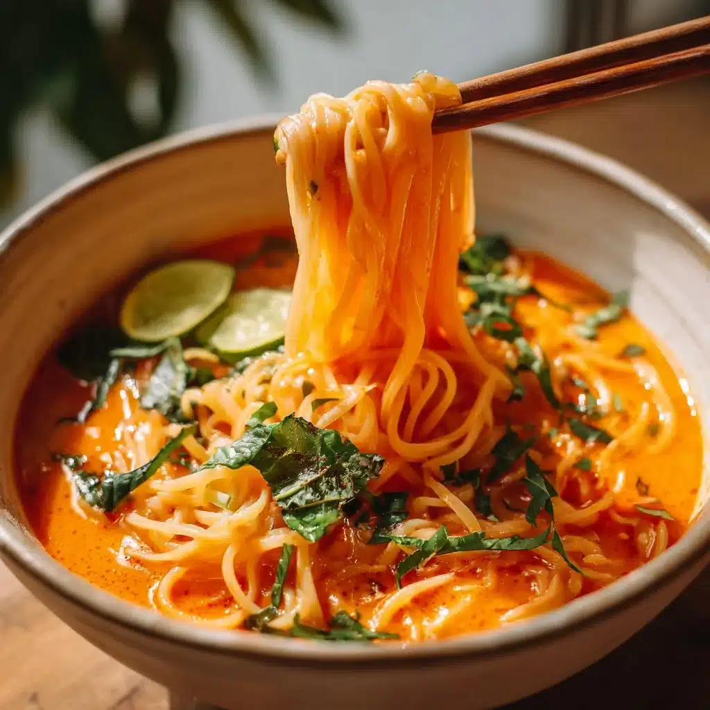 Bowl of quick spicy coconut noodles topped with fresh herbs and chili flakes.