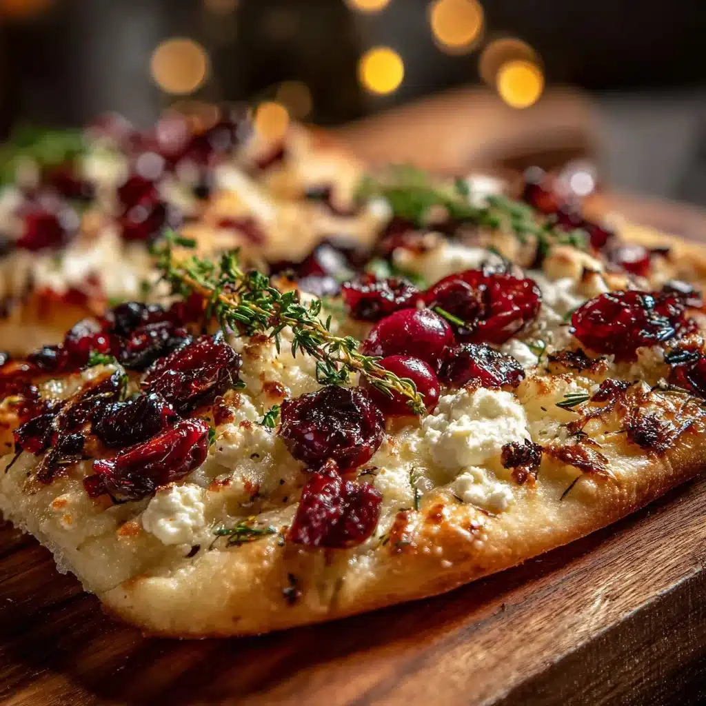 Roasted cranberry and goat cheese flatbread topped with herbs