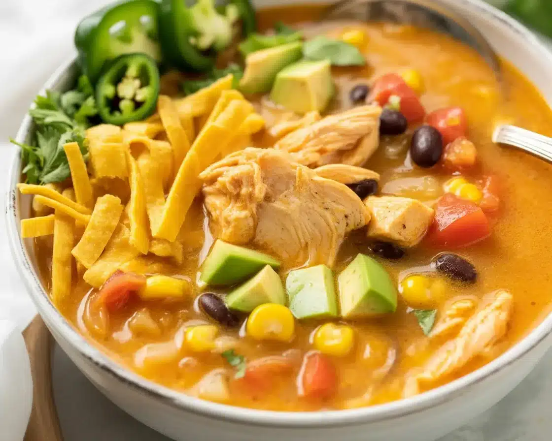 A bowl of delicious chicken tortilla soup garnished with crispy tortilla strips.