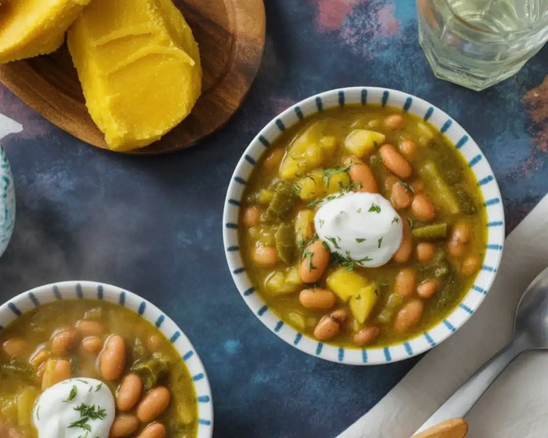 Bowl of flavorful Green Chili Stew With Pinto Beans topped with cilantro.