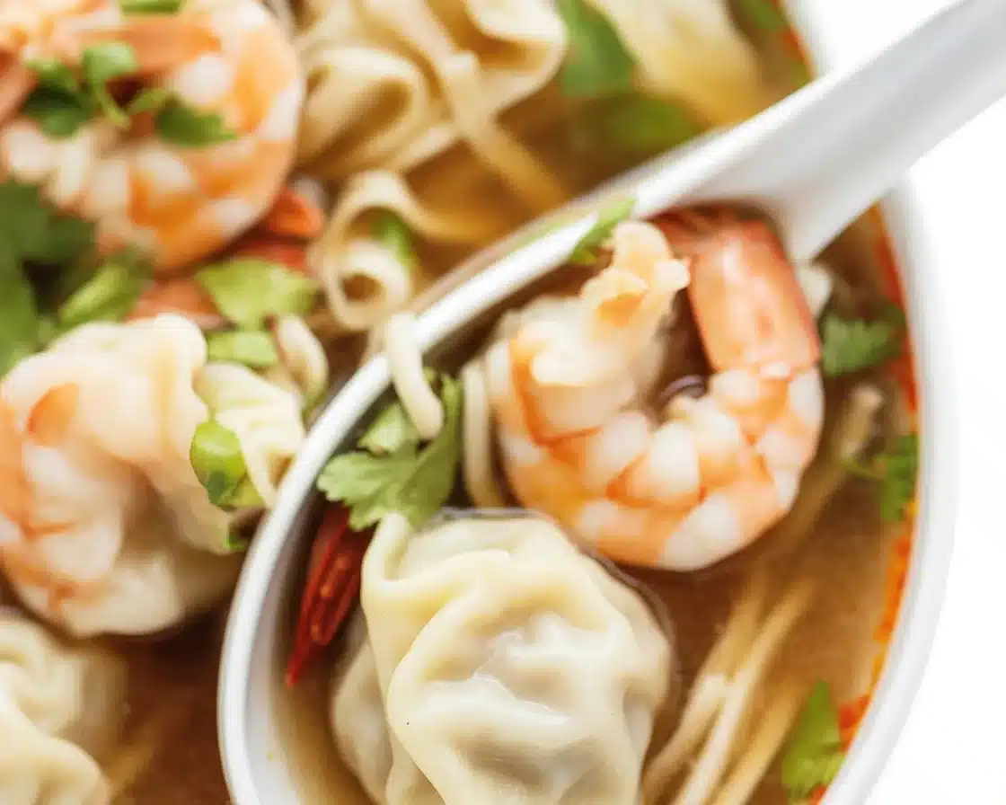 Spicy shrimp dumpling noodle bowl with fresh shrimp, noodles, and broth.