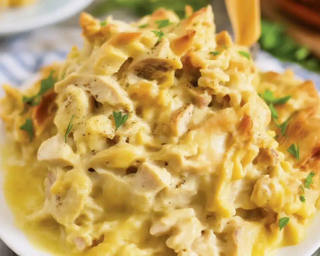 Delicious Chicken and Dressing Casserole served warm in a dish.