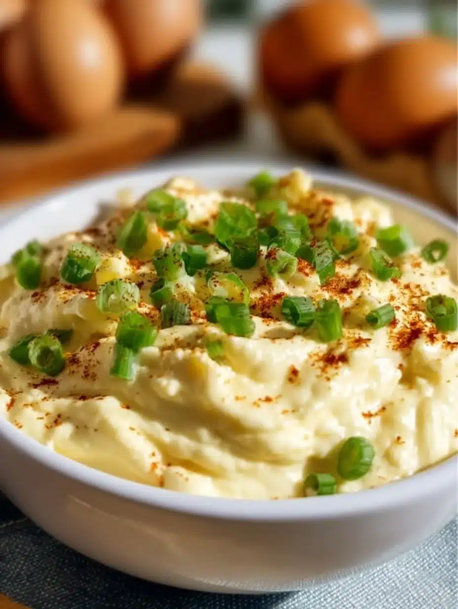 Creamy and flavorful savory deviled eggs dip served in a bowl with herbs.