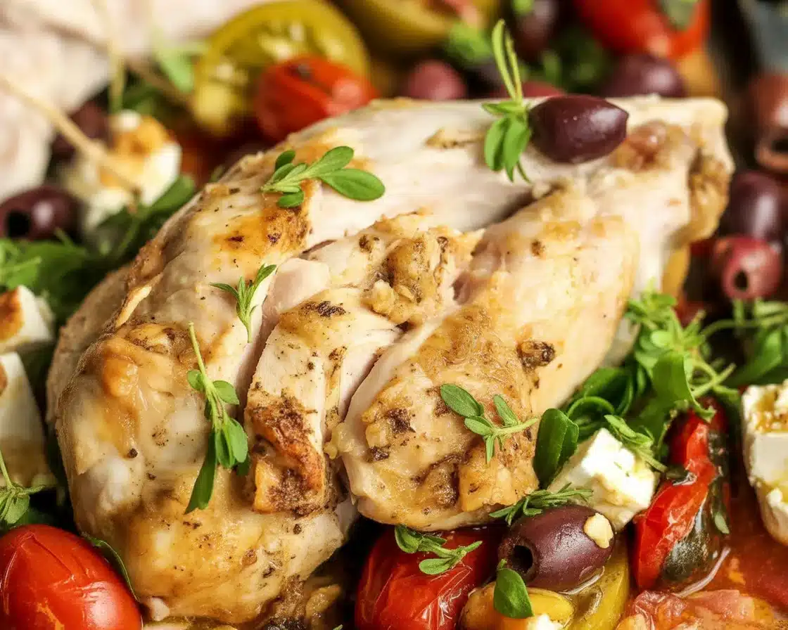 Delicious Greek Sheet Pan Chicken with roasted vegetables and feta cheese.