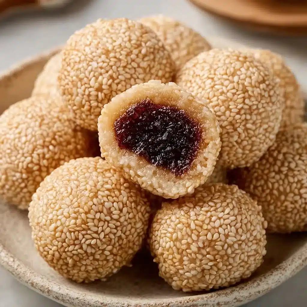 Golden sesame balls filled with red bean paste, a delightful Asian dessert.