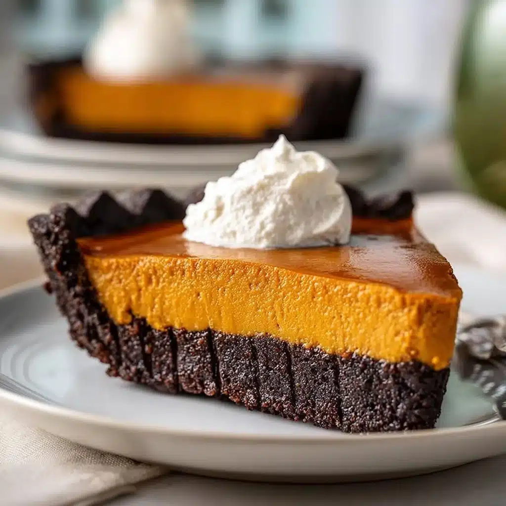 Simple dark chocolate pumpkin tart topped with chocolate shavings and pumpkin seeds