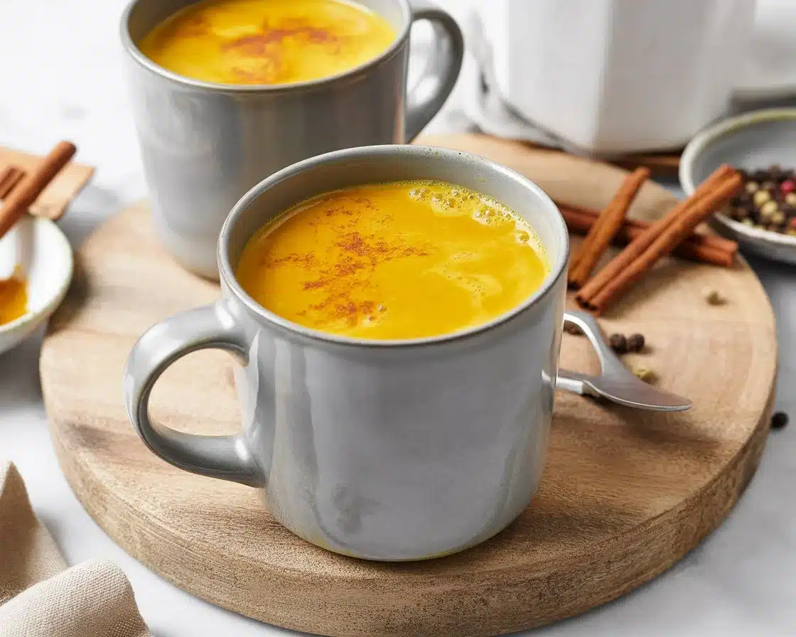 A warm cup of golden milk with turmeric and spices, a traditional health-enhancing beverage.