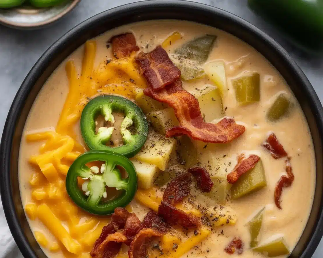 Bowl of Spicy Jalapeño Popper Chicken Soup with cheese and jalapeños.