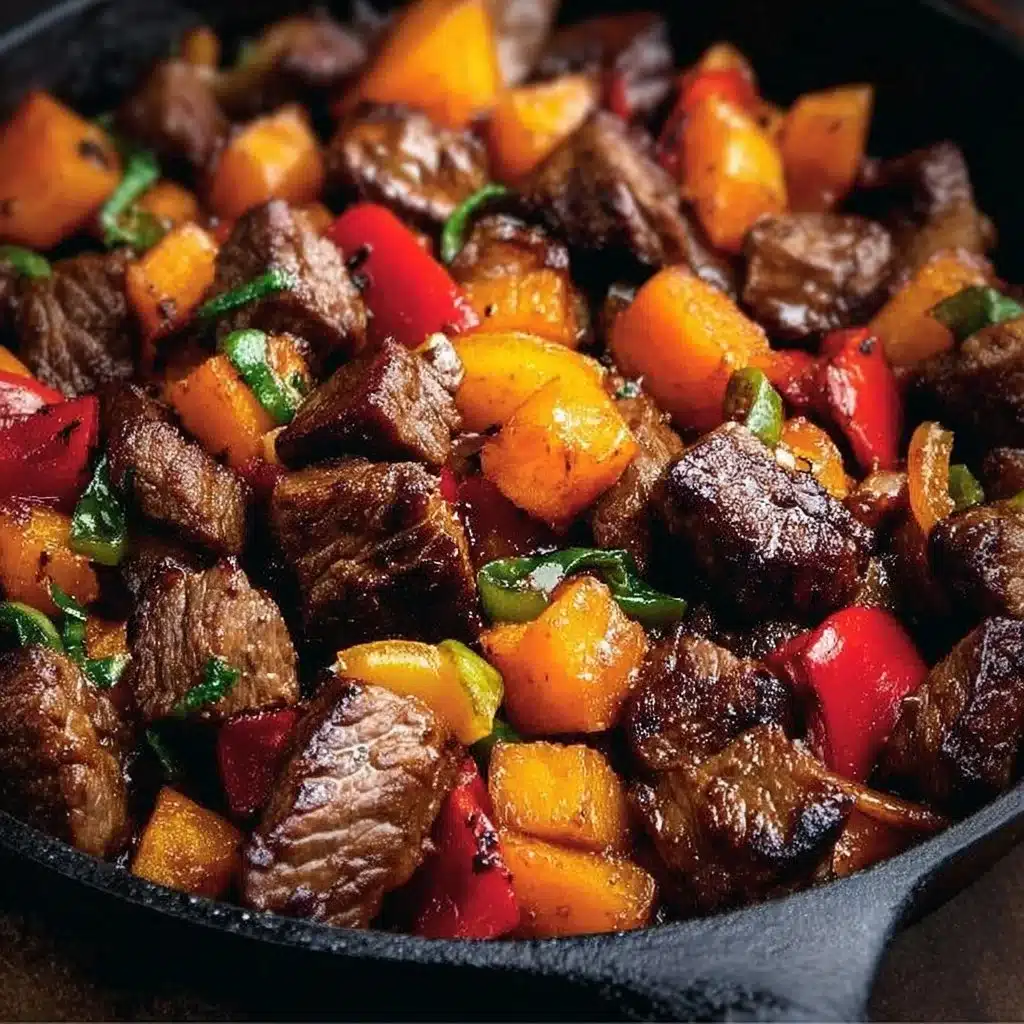 Juicy steak bites served with roasted sweet potatoes and colorful bell peppers.