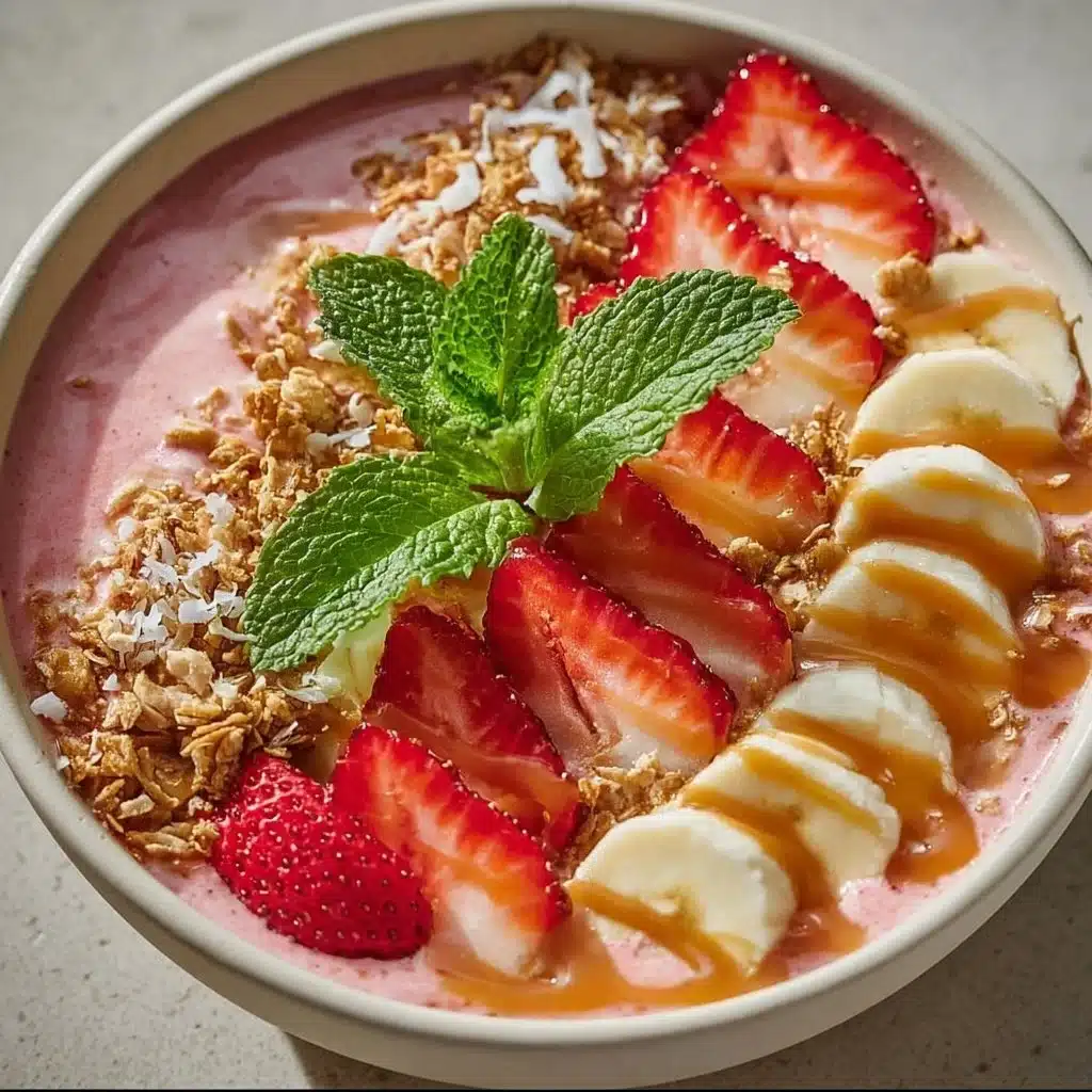 Delicious strawberry smoothie bowl topped with fresh berries and granola