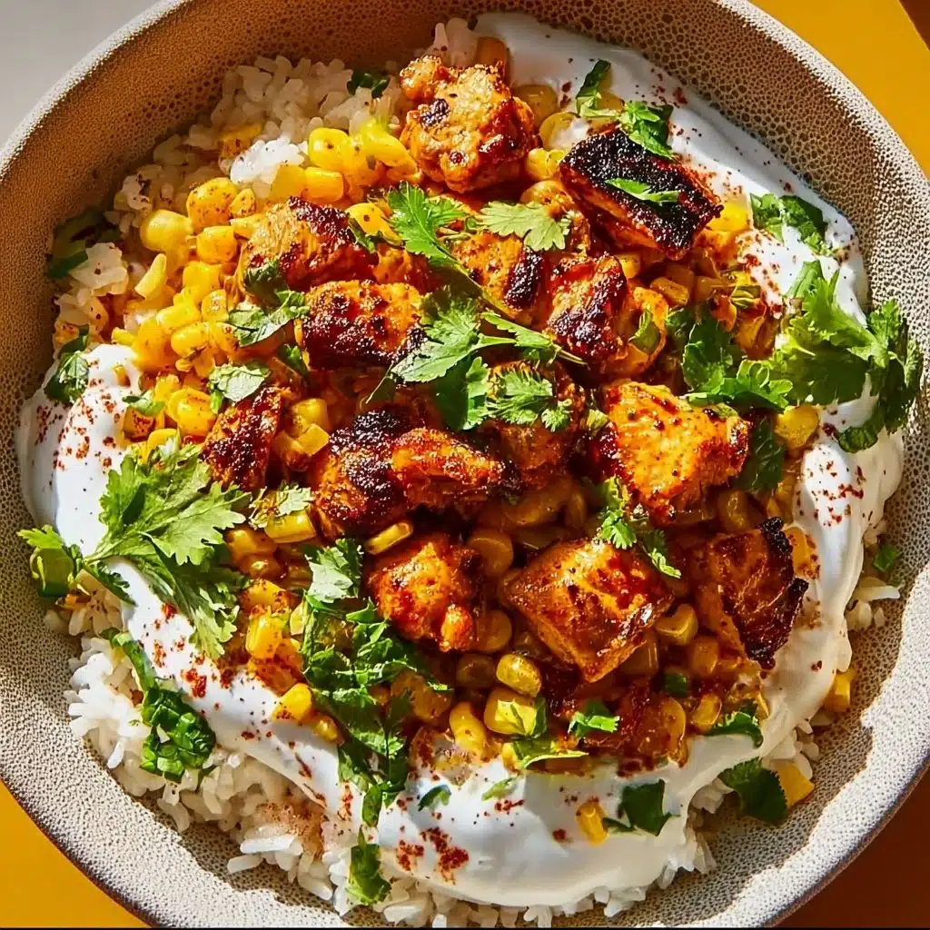 Street Corn Chicken Rice Bowl with grilled chicken, corn, and rice garnished with fresh herbs.